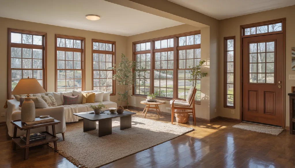 A cozy, family-oriented living room in a Philadelphia-Allentown home features large energy-efficient windows that flood the space with natural light.
