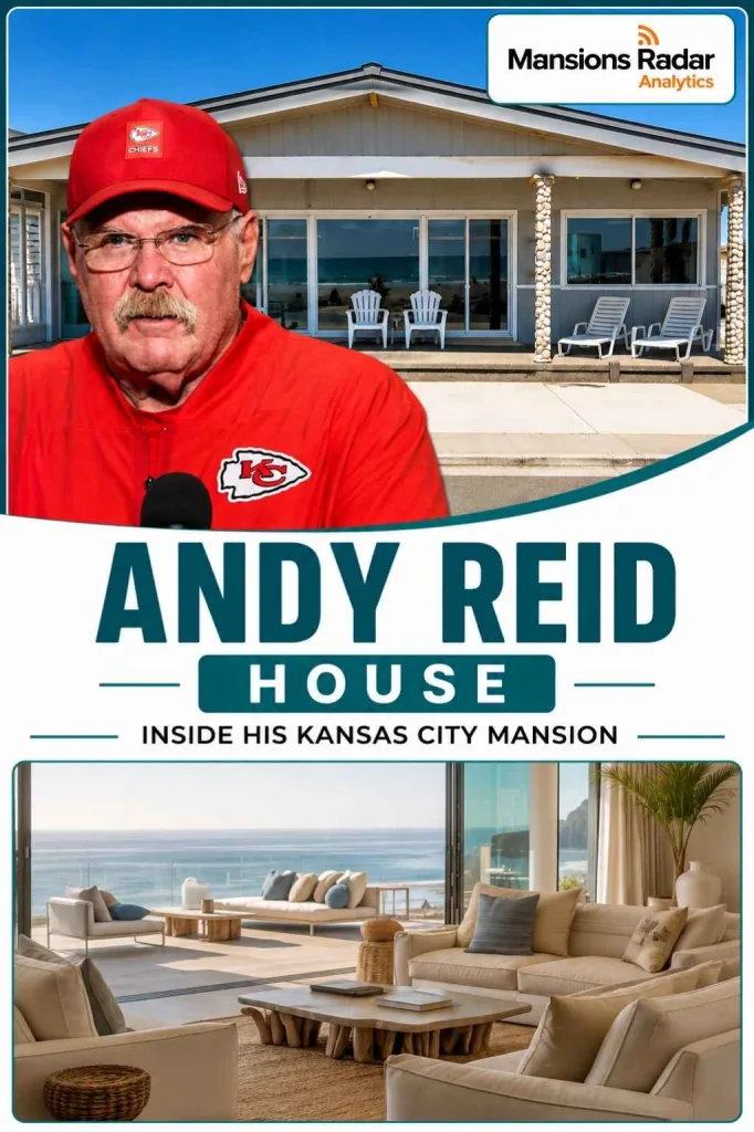 Andy Reid poses in front of his Kansas City home, featuring a coastal-inspired exterior, bright open-concept living room, ocean-view seating area, and comfortable spaces designed for relaxation.