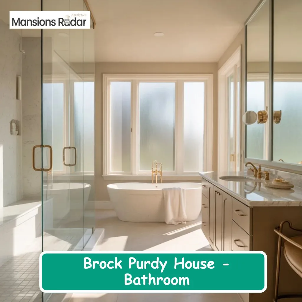 The elegant, spa-like bathroom inside the Brock Purdy House features a luxurious standalone soaking tub.