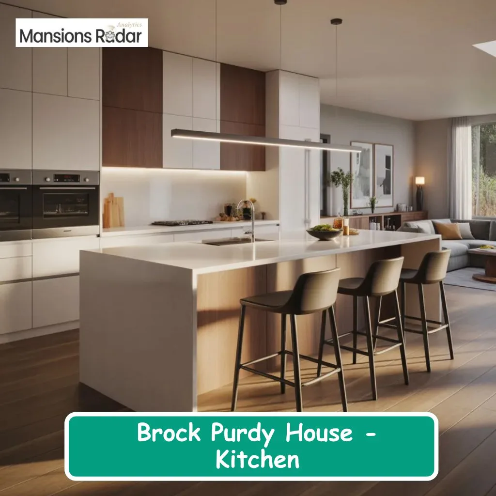The modern, sleek kitchen inside the Brock Purdy House showcases a stunning, minimalist island.