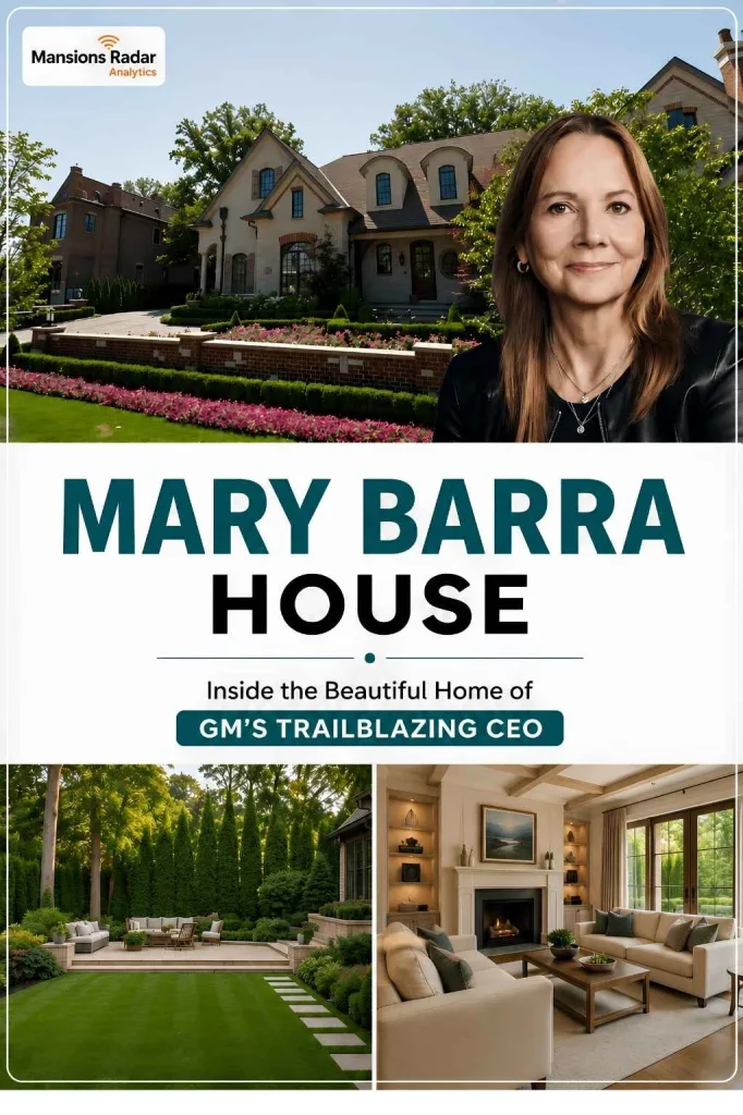 Mary Barra House with elegant exterior, landscaped garden, luxury backyard, and modern living room showcased in a clean collage design.