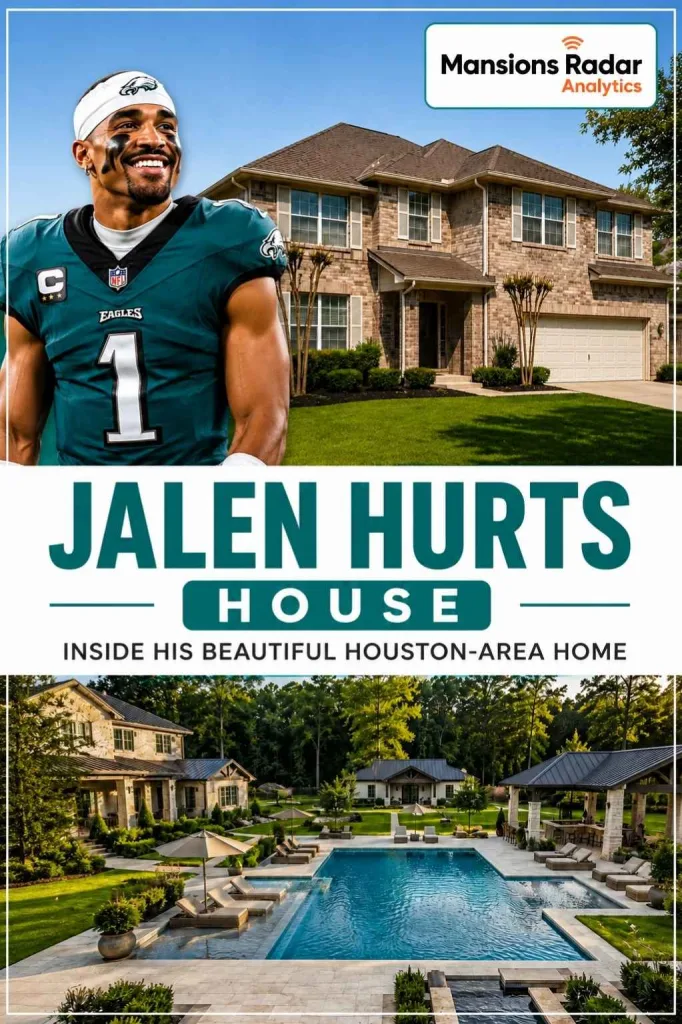 Jalen Hurts in front of his luxury Houston-area home with modern architecture, elegant interiors, and premium outdoor living spaces.