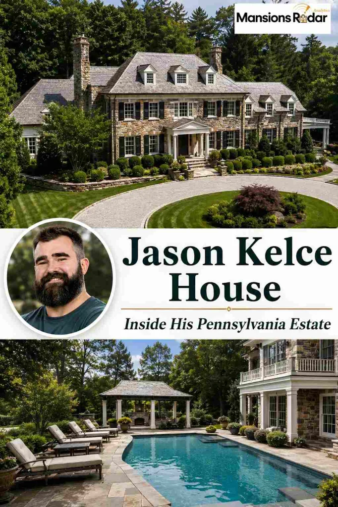 Aerial view of Jason Kelce's beautiful Pennsylvania estate with a stone mansion, peaceful wooded surroundings, and resort-style backyard pool. The pin features a portrait of the former Philadelphia Eagles star and highlights a tour of his family-focused home.