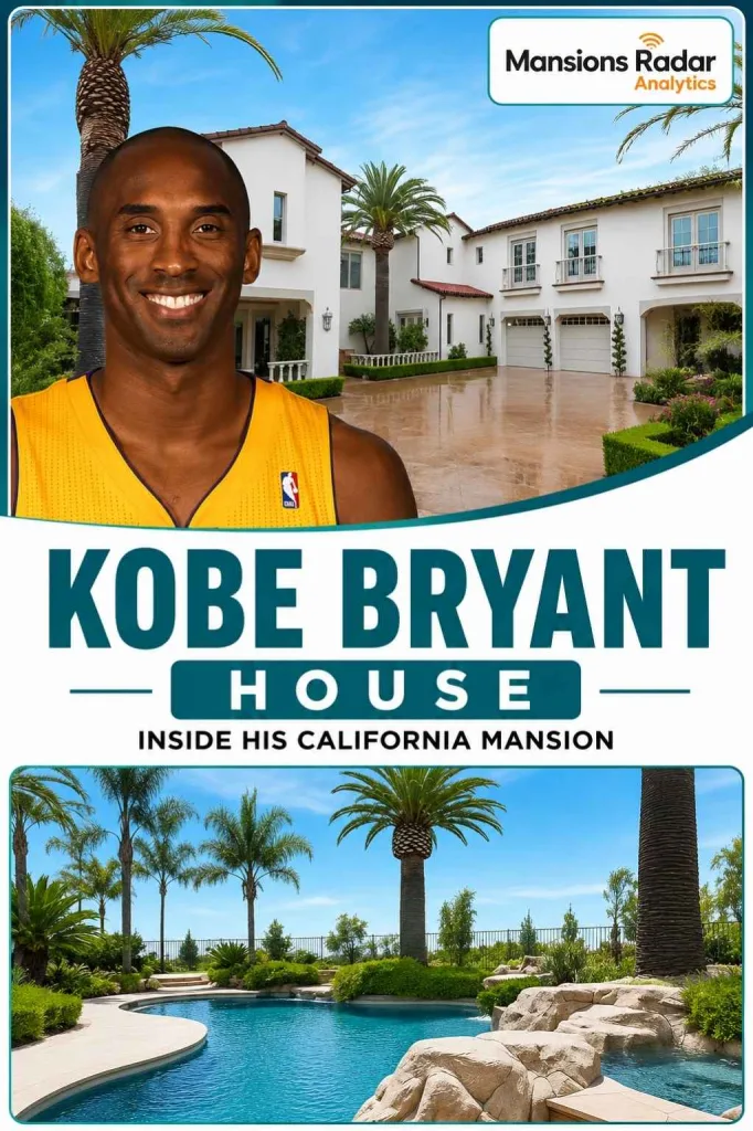 Kobe Bryant standing in front of his luxury Newport Coast mansion featuring Mediterranean architecture, palm trees, elegant landscaping, and a resort-style swimming pool under a bright California sky.