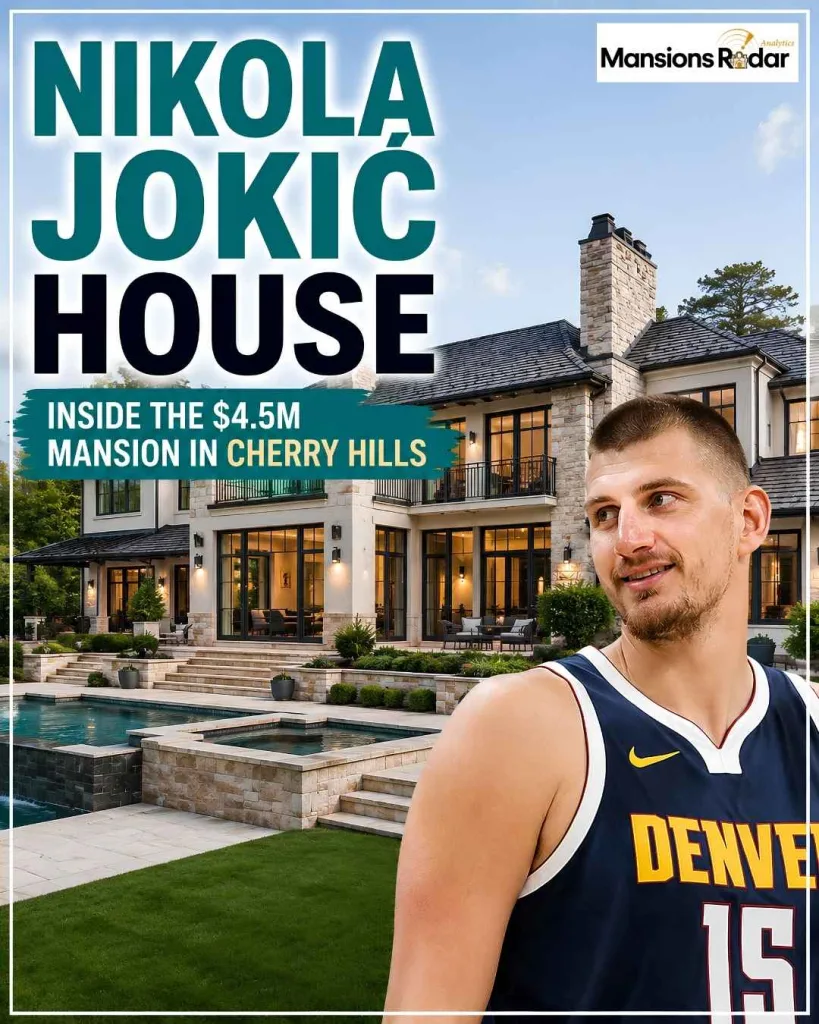 Nikola Jokic is standing in front of his luxury Cherry Hills Village mansion in Colorado, featuring modern architecture, landscaped grounds, and premium outdoor living spaces. Exclusive celebrity home tour showcasing where the Denver Nuggets star lives in 2026.