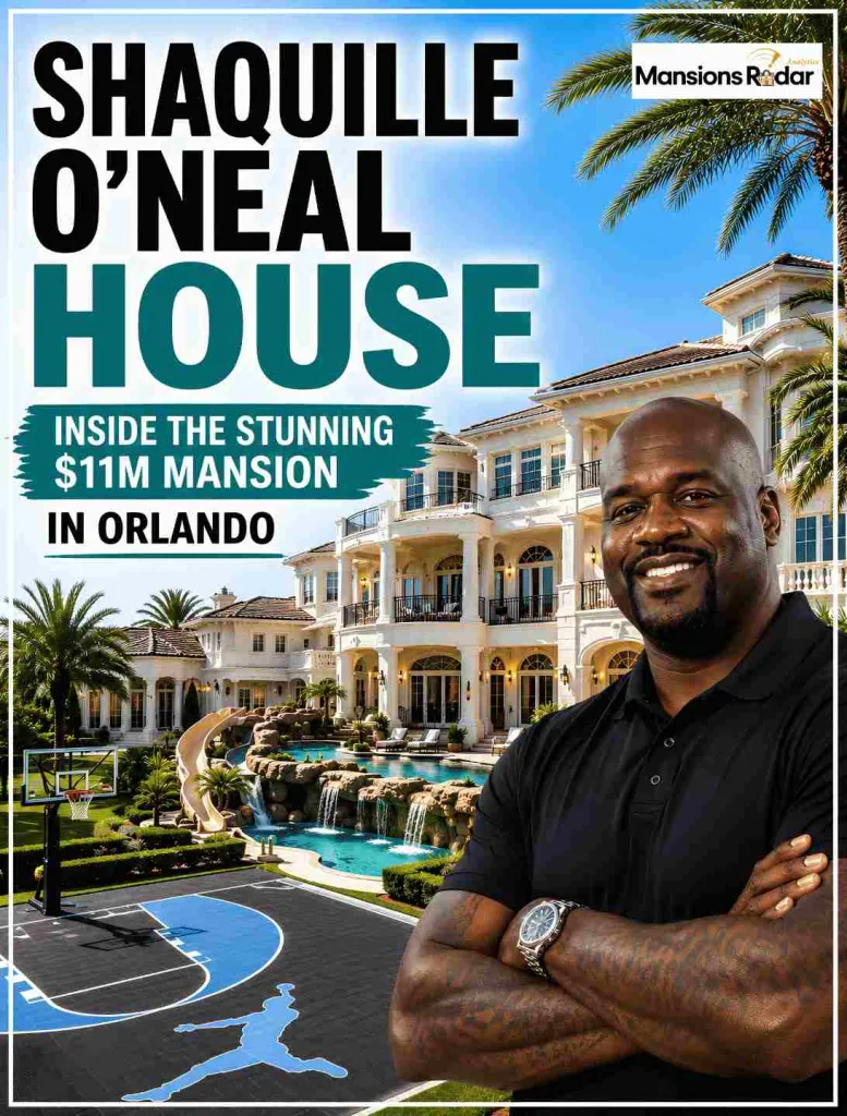 Shaquille O'Neal is standing in front of his stunning Orlando mansion, featuring luxury architecture, resort-style outdoor spaces, a private basketball court, and expansive living areas.