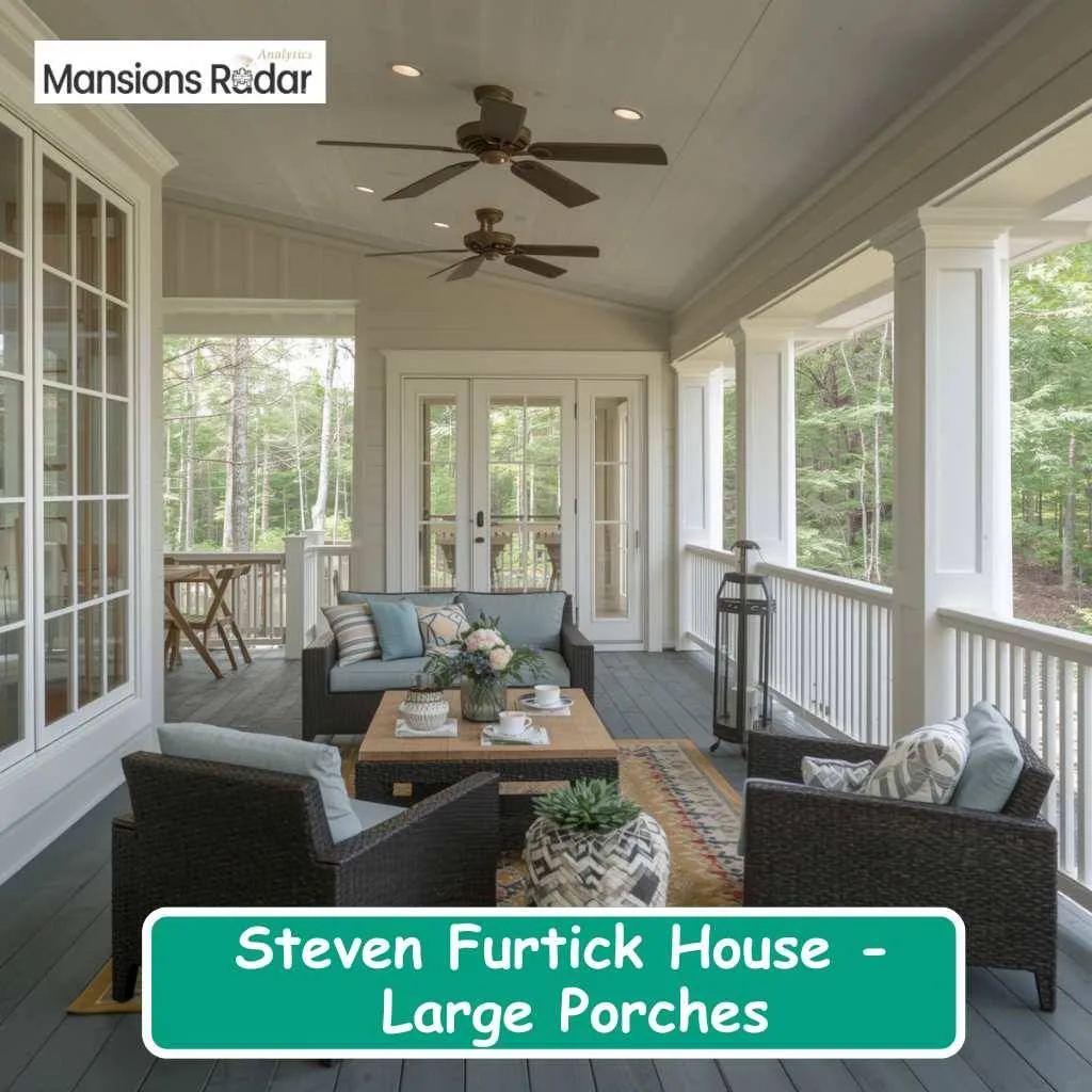 The large covered porch at the steven furtick house offers a comfortable, relaxing outdoor seating area.