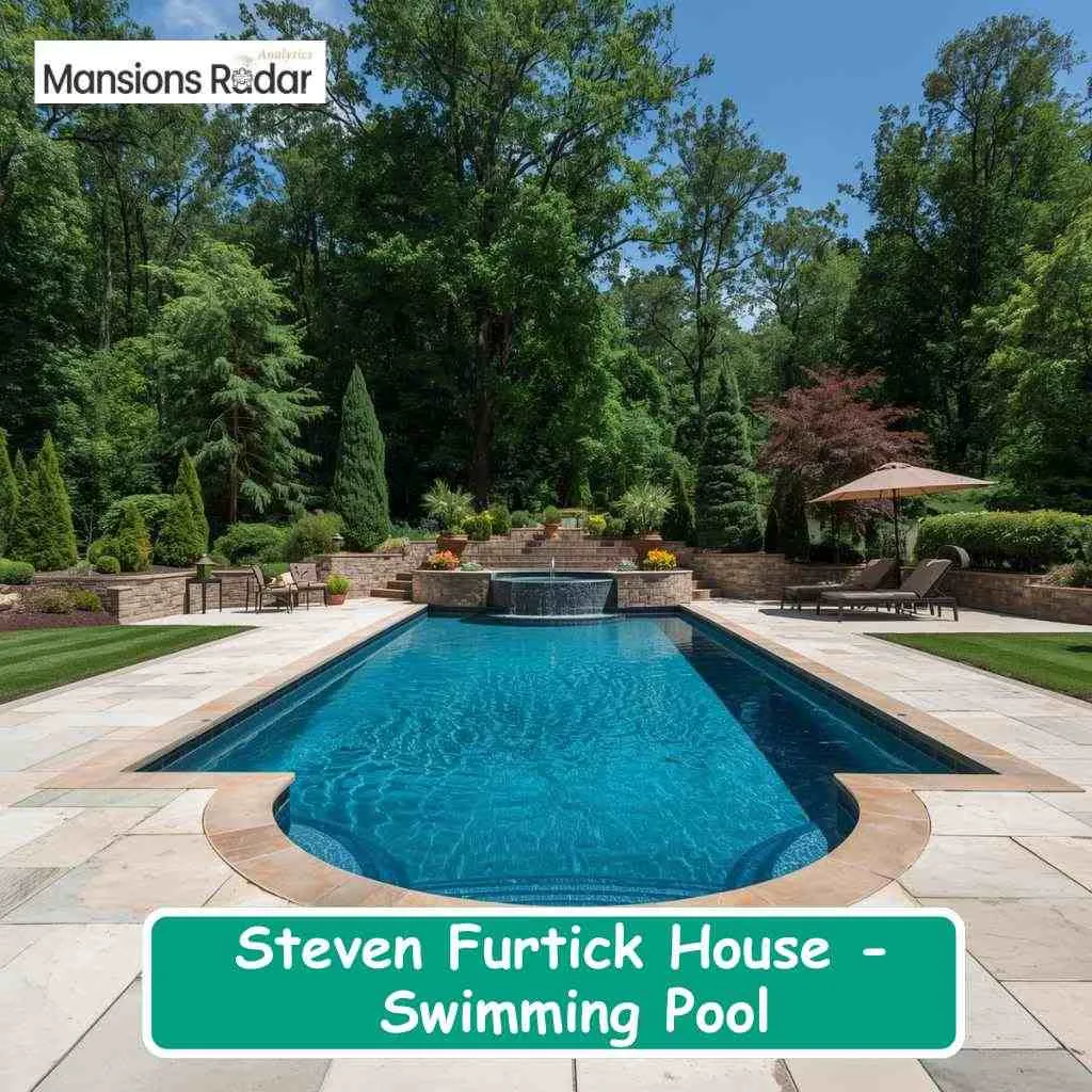 The luxurious backyard swimming pool at the steven furtick house features lush, resort-style landscaping.