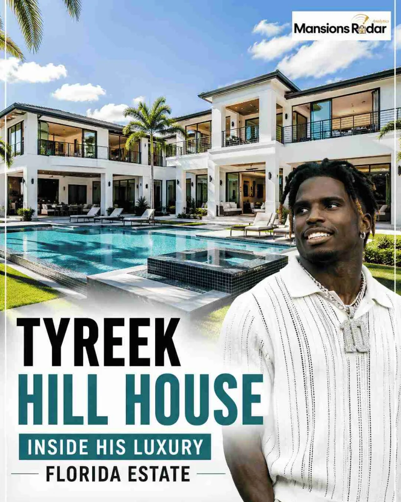 Tyreek Hill standing beside his luxury Florida mansion featuring a resort-style pool, modern architecture, landscaped grounds, and premium outdoor living spaces.