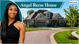 Angel Reese House feature image showing a luxury suburban residence with landscaped grounds, curved driveway, mature trees, and a professional portrait of Angel Reese beside the home in bright daylight.