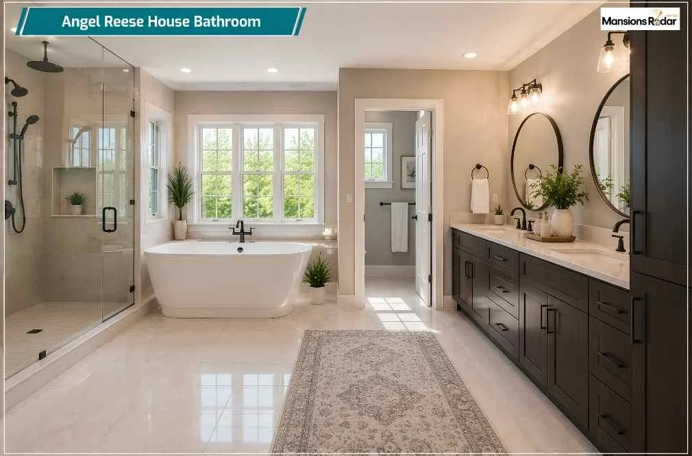 Angel Reese House A bright, modern primary bathroom featuring a freestanding soaking tub under windows, a large glass-enclosed walk-in shower, a dark wood double vanity with round mirrors, and polished tile flooring.