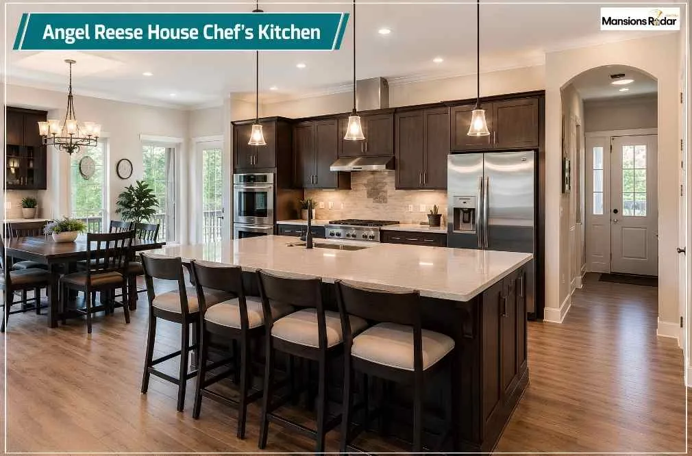 Angel Reese House chef’s kitchen featuring a large quartz island, dark wood cabinetry, stainless steel appliances, pendant lighting, spacious dining area, hardwood floors, and an open-concept layout designed for entertaining.