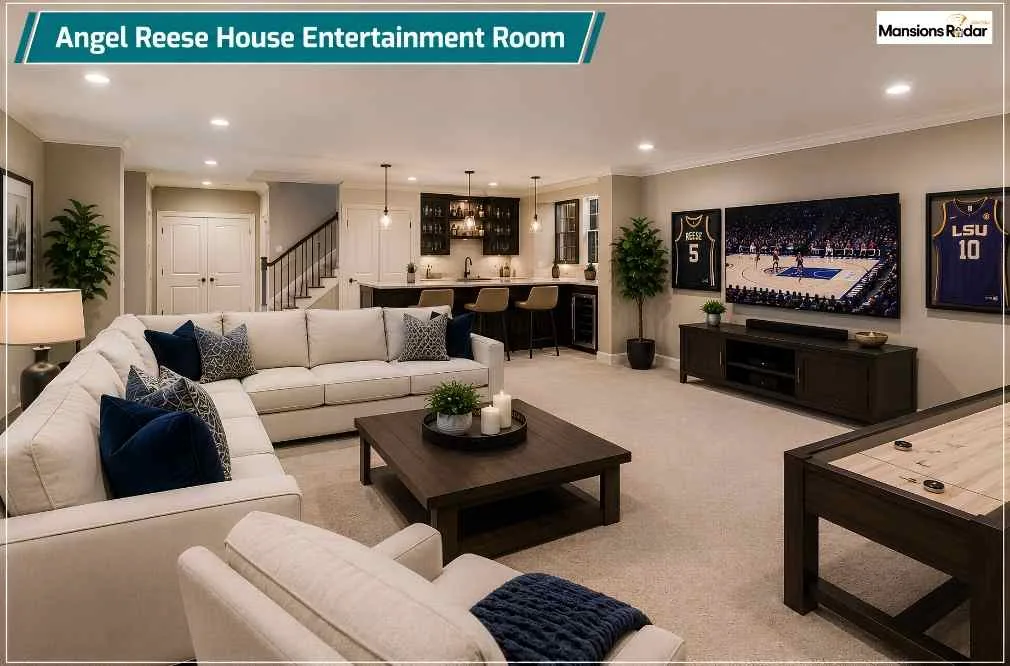 Spacious Angel Reese House entertainment room featuring a large sectional sofa, media wall, game table, wet bar, sports memorabilia, warm lighting, neutral décor, and an open layout designed for relaxing.