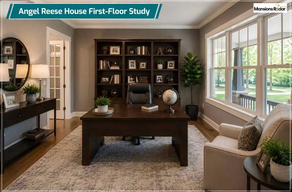 Angel Reese House first-floor study featuring a spacious executive desk, built-in bookshelves, large sunlit windows, hardwood flooring, comfortable seating, elegant décor, and a quiet workspace designed for productivity.