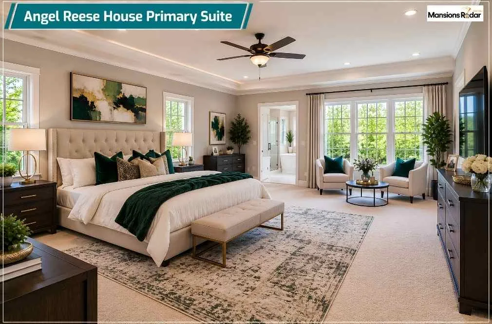 Angel Reese House a spacious primary suite featuring a tufted king-size bed with emerald green accents, a sitting area by large windows, dark wood dressers, and an open doorway leading into the bathroom.