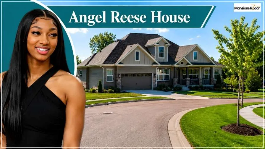 Angel Reese House feature image showing a luxury suburban residence with landscaped grounds, curved driveway, mature trees, and a professional portrait of Angel Reese beside the home in bright daylight.