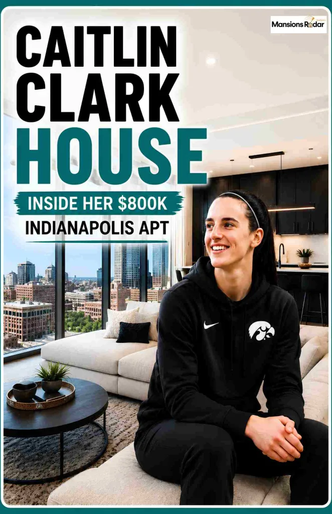 Caitlin Clark sitting inside her modern $800K Indianapolis apartment featuring luxury interiors, city skyline views, open-concept living spaces, and contemporary design