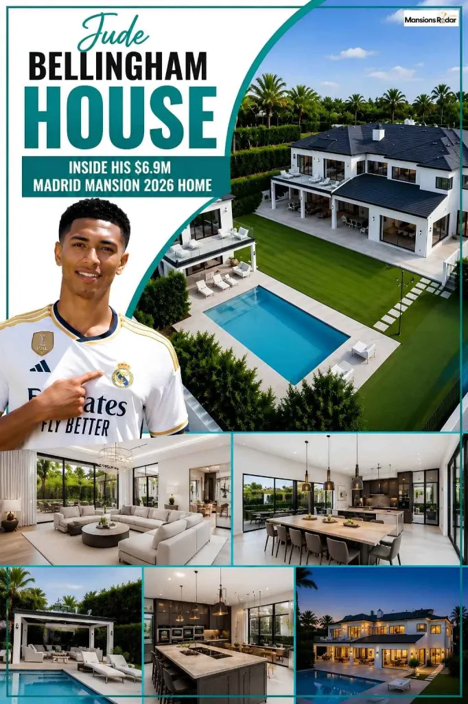 Jude Bellingham beside his luxurious Madrid mansion, with elegant outdoor views and modern interiors, showcasing the football star’s stylish $6.9M home