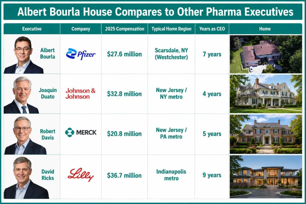 Albert Bourla House compared with other pharma executives' luxury homes infographic.