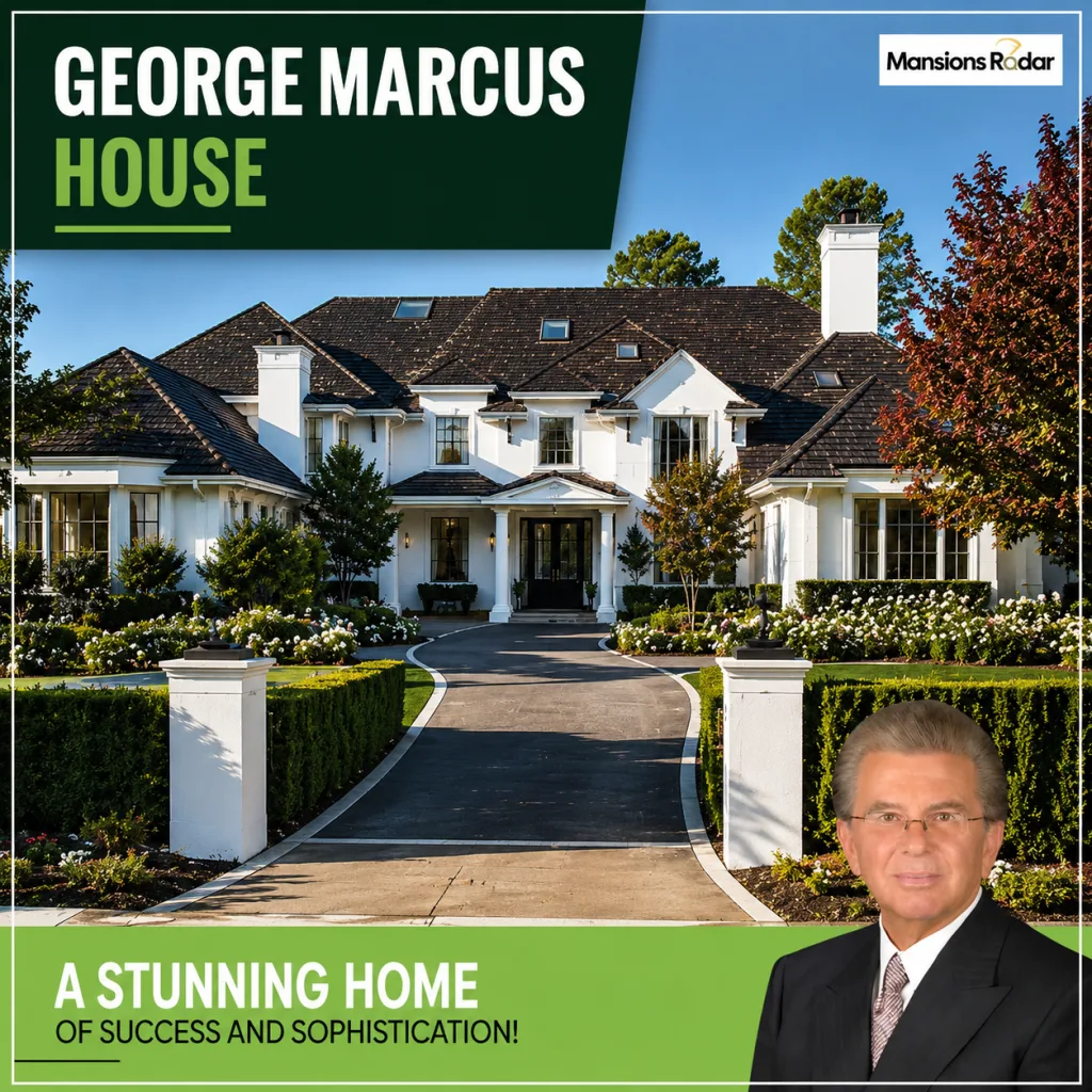 George Marcus standing before his elegant luxury mansion, featuring a grand entrance, landscaped gardens, and modern architecture