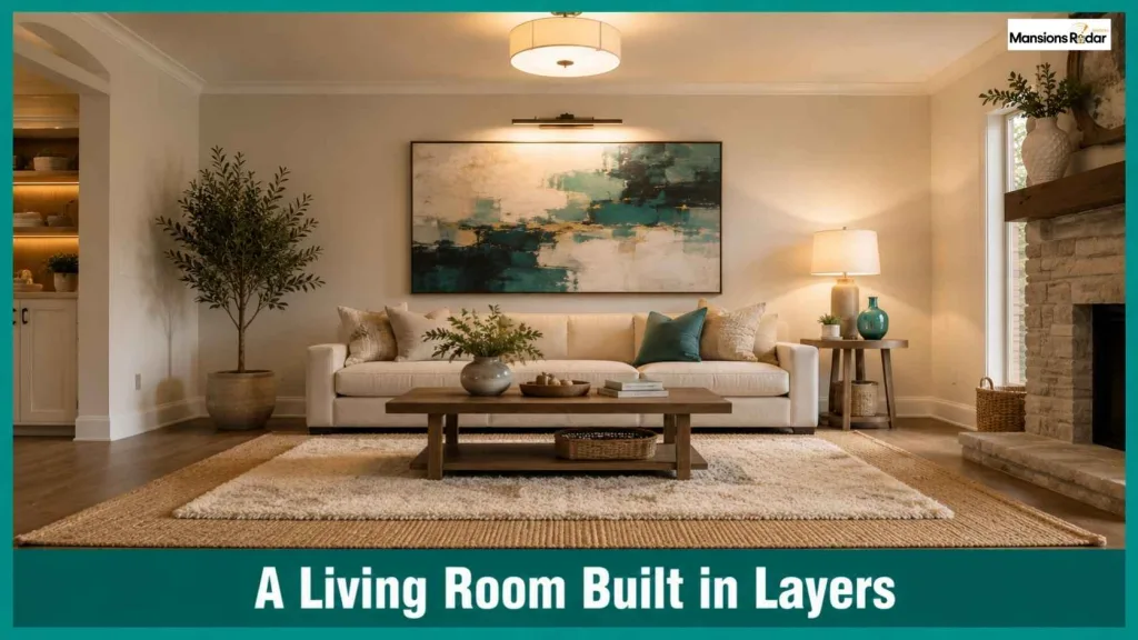 A Living Room Showing a Focal Point, Layered Lighting, and a Layered Rug Together