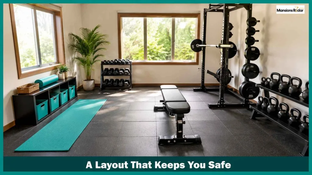 A Well Organized Home Gym With Clear Walking Space and Racked Weights