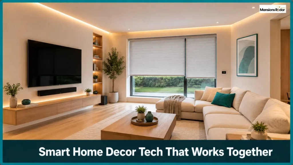 Living Room Setup With Smart Lighting, Entertainment, and Automated Blinds