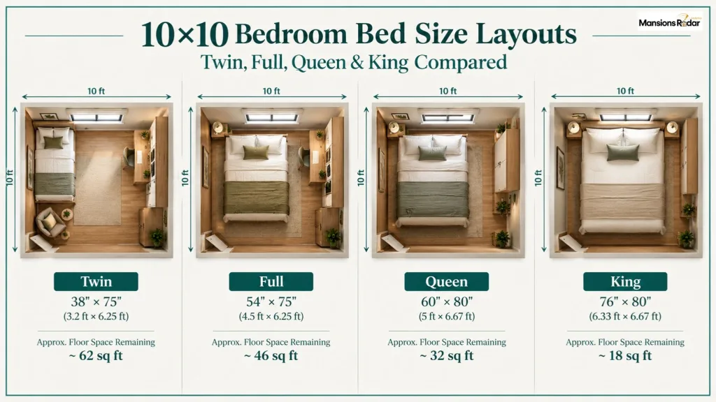 10×10-foot square bedroom layouts side by side
