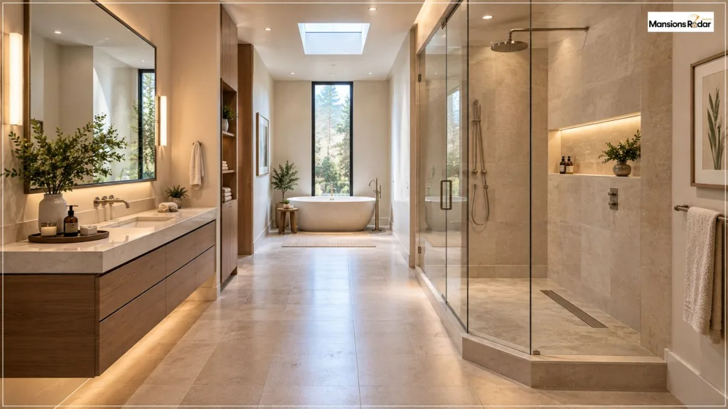 Long and Narrow Bathroom With Tub and Shower