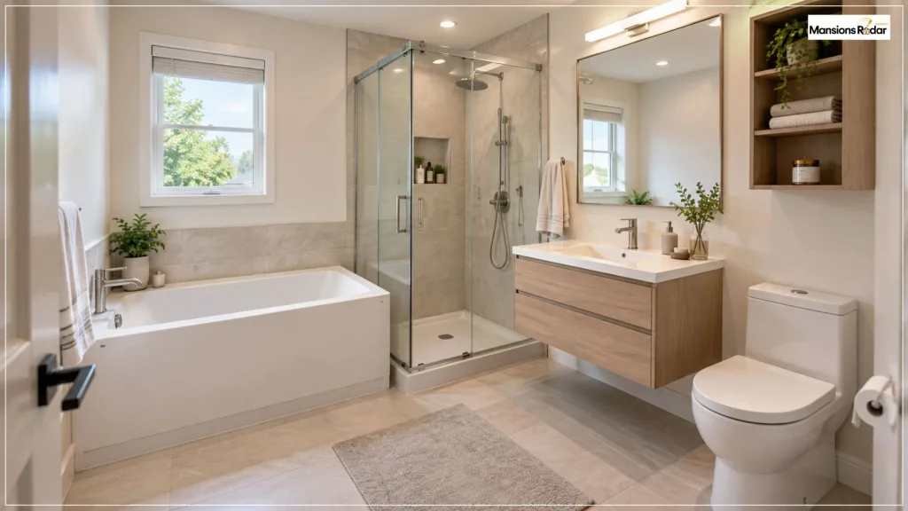 Small Bathroom With a Compact Tub and Corner Shower