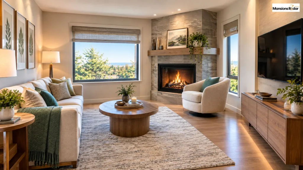 Swivel Chair Near the Corner Fireplace