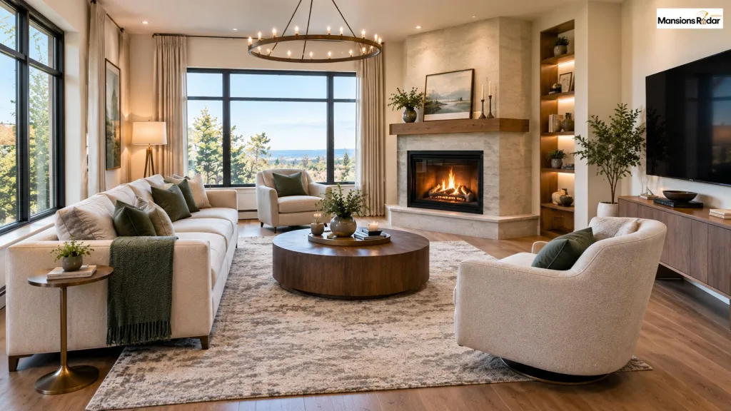 cozy conversation zone built around a diagonal corner fireplace