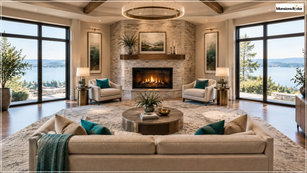 diagonal corner fireplace and a perfectly balanced symmetrical furniture arrangement