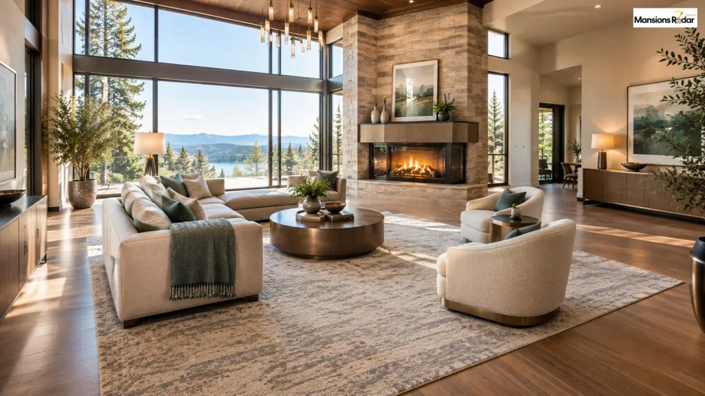 large area rug clearly defines the entire seating area around a corner fireplace