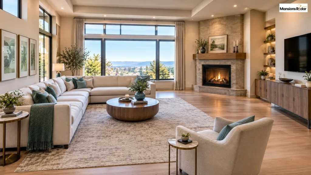 large modern living room with an L-shaped sectional positioned carefully around a corner fireplace