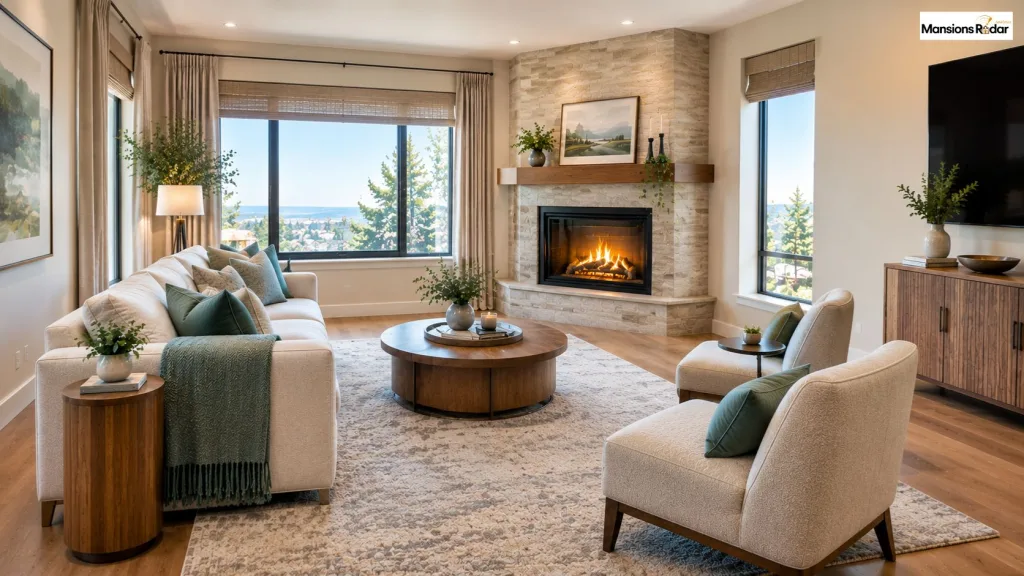 small modern living room with a diagonal corner fireplace