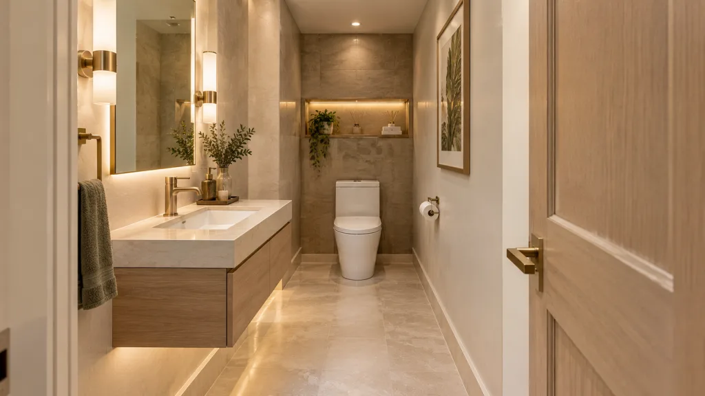 Compact Vanity and Back Wall Toilet Layout