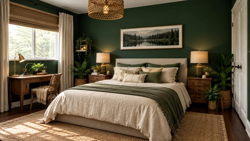 Create a Dark Green Bedroom with Natural Accents for Moody Bedroom Decor