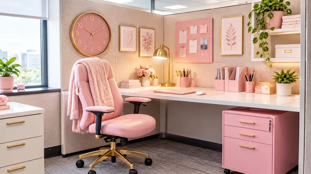 Girly Classy Cubicle Decor Use a Soft Pink and Neutral Color Palette