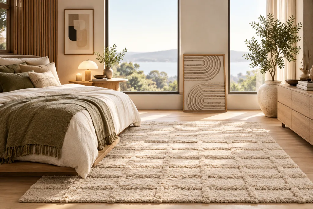 Japandi Bedroom Style Add a Soft, Textured Rug