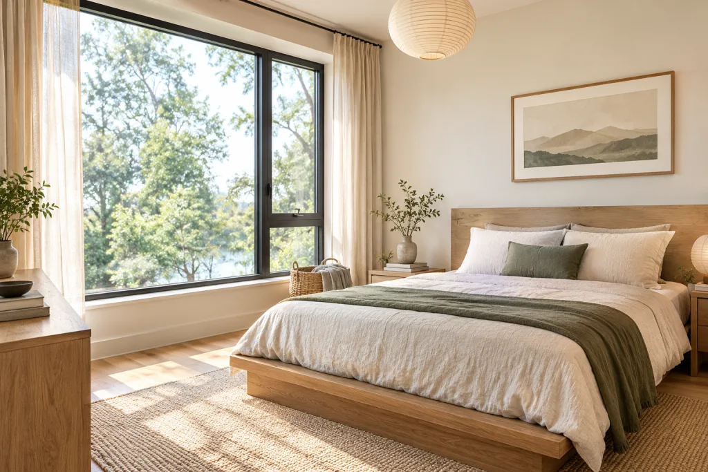 Japandi Bedroom Style Frame Windows With Simple Curtains