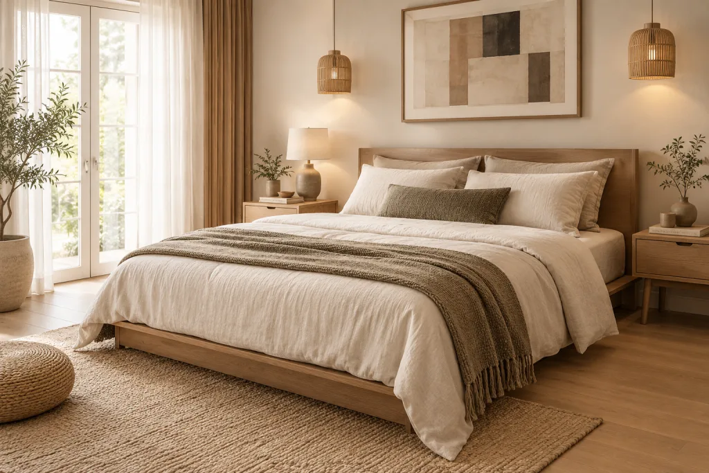 Japandi Bedroom Style Layer Neutral Bedding