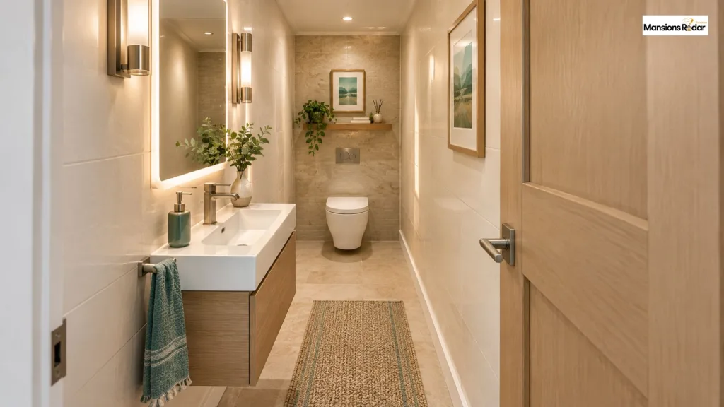 Toilet at the Far End and Sink Near the Door