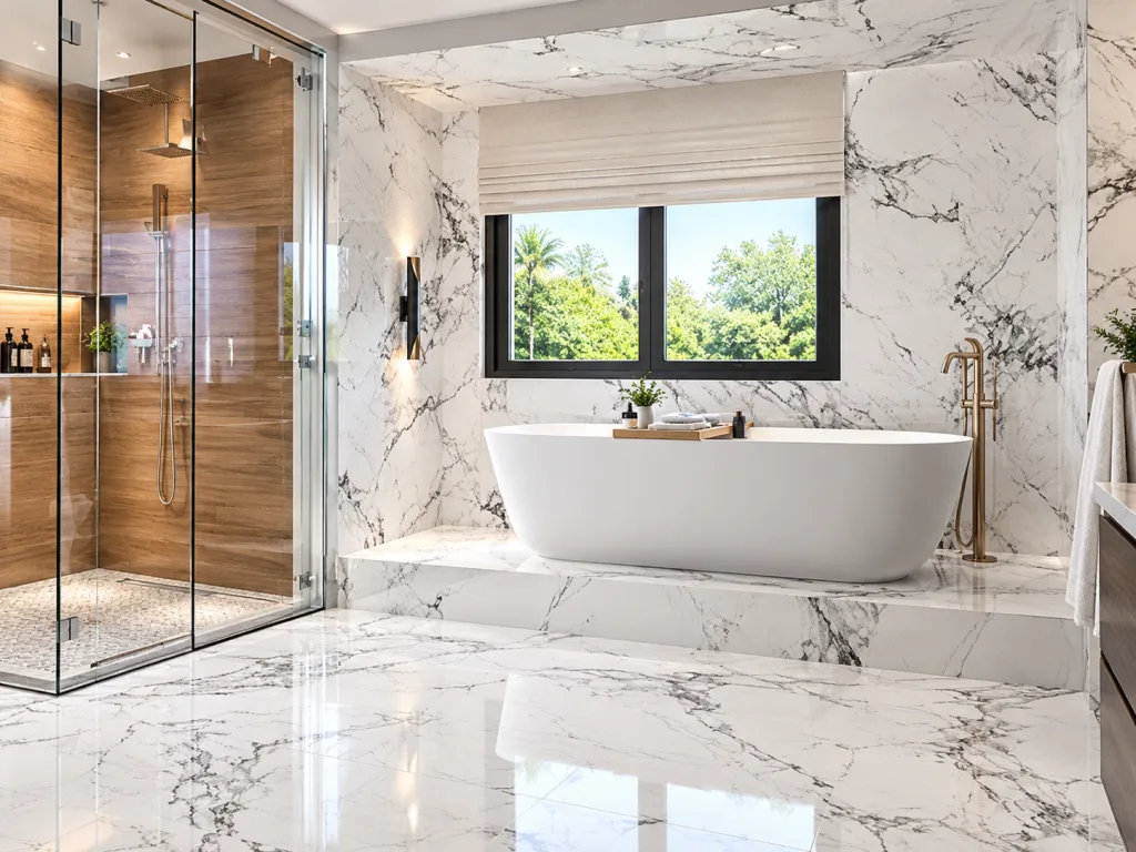 White Marble-Look Porcelain Floor Tiles For Bathroom Floor